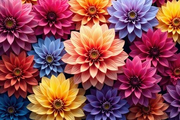 Intricate dahlia blooms, vibrant colors, repeating pattern, autumn, dahlia petals, colorful
