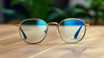 A realistic photography shows top adjustable udomsup eyeglasses with golden frames on wooden surface, providing a clean and aesthetic copy space opportunity.