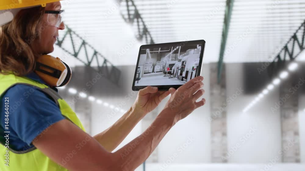Poster augmented reality vision using digital tablet. industrial production engineer