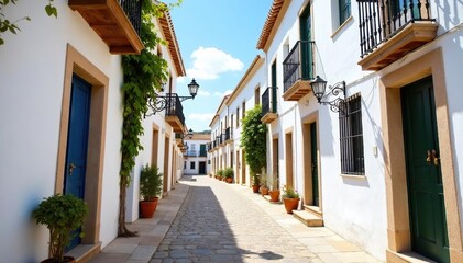 Naklejka premium Historic whitewashed Andalusian village, cobbled streets , charming, houses, tourism