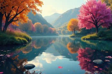 Intricate floral design reflected on calm lake surface, lotus, bright
