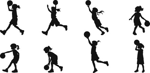 Naklejka premium Dynamic silhouettes of girls playing basketball