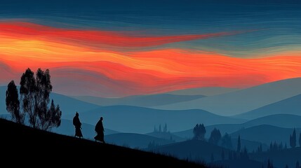 Fototapeta premium Silhouette people walking sunset landscape
