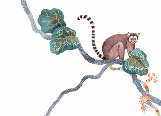 Lemur with Tropical Foliage and Striped Vines, Plant with Decorative Ornament hand drawn illustration.
