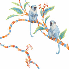 Cute hand drawn Watercolor Monkeys on Colorful Tree Branches