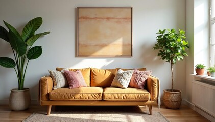 Cozy living room decorated with handmade wall art and knitted throw pillows , knitted throw, house decor, knitted