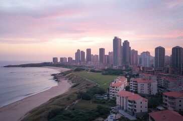 Coastal cityscape at sunrise.  A vibrant cityscape meets the beach at dawn, showcasing modern high-rise buildings and a tranquil coastal scene