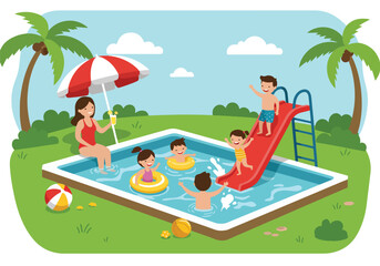 Adobe Illustrator Artwork Summer activity: Flat vector illustration of a family enjoying a swimming pool with a slide, inflatable ring, and beach ball under palm trees. Summer family fun