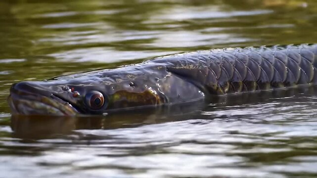 Close Up of a Gigantic Arapaima Fish Swimming near the Surface in Clear River