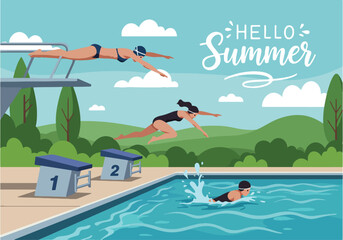 Adobe Illustrator Artwork Summer activity: Flat vector illustration with "Hello Summer" text, depicting swimmers diving into a pool from starting blocks and a diving board. Active summer water sport