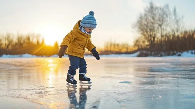 A child joyfully skating on ice during a winter sunset.