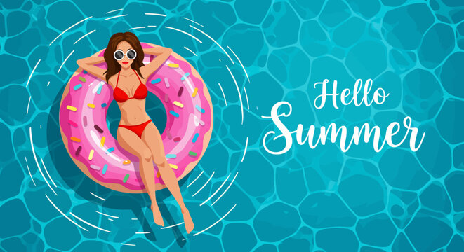 Summer activity: Flat vector illustration with "Hello Summer" text, depicting a woman in a bikini relaxing on a pink donut float in a blue pool. Enjoying summer vacation - Powered by Adobe