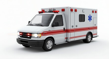 Ambulance Vehicle with Emergency Lights on White Background