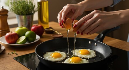 A hand cracking an egg into a frying pan, with fresh ingredients like herbs, oil, and fruits in the background. The rustic kitchen setting creates a warm, home-cooked atmosphere perfect for breakfast