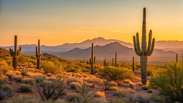 Desert landscape arizona cactus saguaro sunset mountains scenic nature view
