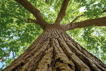 Naklejka premium A tall tree with green leaves is shot from the ground up. Showcasing nature's beauty, strength, and the importance of trees.