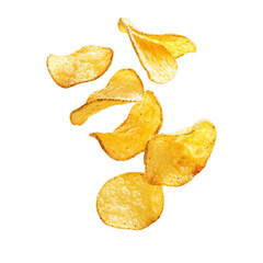 Floating potato chips snack food golden color isolated on transparent background
