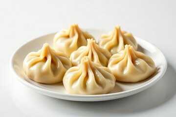 Steaming dumplings arranged on white, minimalist background, culinary, dinner