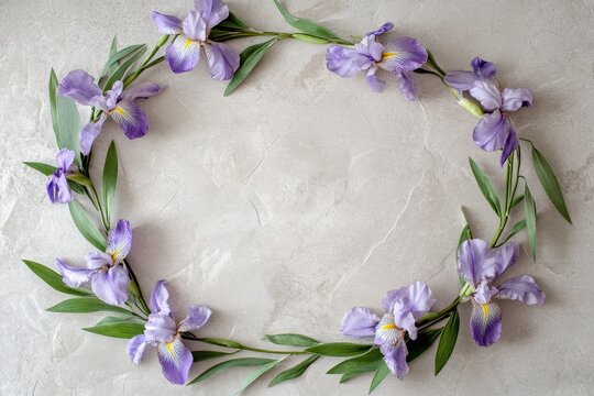Lavender irises arranged in a circular floral border. - Powered by Adobe