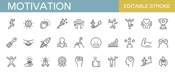 Motivation line icon set. Positive, challenge, teamwork, personal growth, etc. Editable stroke. Vector illustration