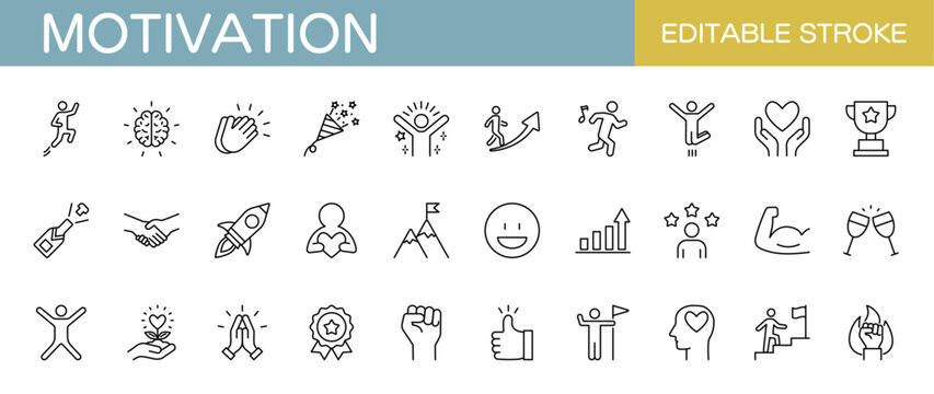 Motivation line icon set. Positive, challenge, teamwork, personal growth, etc. Editable stroke. Vector illustration