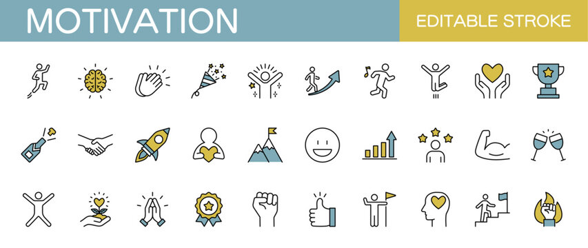 Motivation line icon set. Positive, challenge, teamwork, personal growth, etc. Editable stroke. Colored vector illustration
