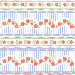 Vector cute cartoon hand drawn illustration. Seamless pattern of pink flowers and leaves on horizontal striped background with heart. Ideal for textile print, baby clothes, wallpaper, cleaning.