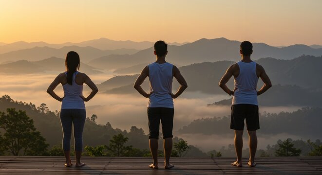 Rear view of one woman and two men standing on a wooden platform, admiring the misty mountain landscape at sunrise.