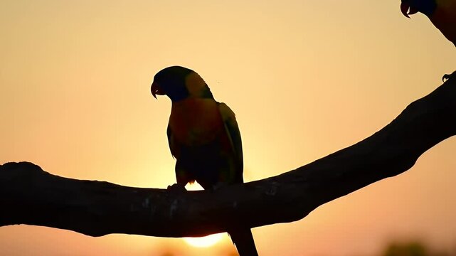 Colorful Lorikeet Parrot Silhouette on Branch at Golden Sunset in Natural Habitat