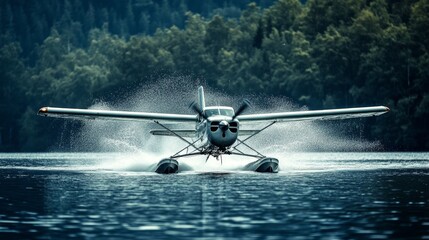 Naklejka premium Seaplane Landing on a Serene Lake