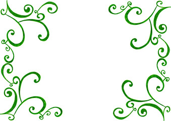Frame. From the left and right sides there are patterns consisting of curls of different sizes. Green color and shades. White copy space. Invitation, postcard, certificate. Elegant and delicate.