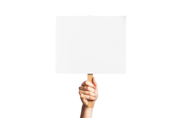 Hand holding a blank white sign on a wooden stick on transparent background