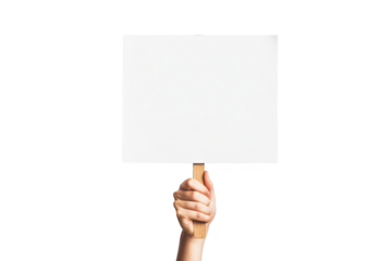 Hand holding a blank white sign on a wooden stick on transparent background