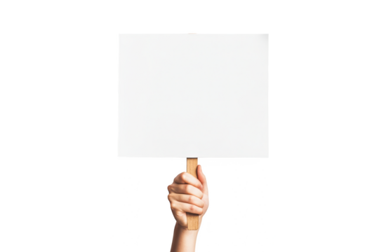 Hand holding a blank white sign on a wooden stick on transparent background
