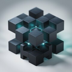 Obraz premium Conceptual 3D visualization depicting interconnected black cubes illuminated with blue lighting, symbolizing technology, connection, and futuristic innovation. 