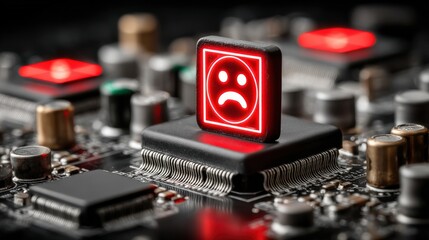 Error Icon: A close-up view of a circuit board featuring an illuminated error icon, signifying system malfunction or data loss, emphasizing technological failure.