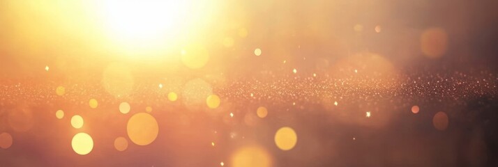 Golden Glitter And Bokeh Lights Abstract Background With Twilight Sky Orange Sun With Sun Rays