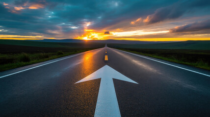 Arrow on the Road Leading to the Horizon at Sunset