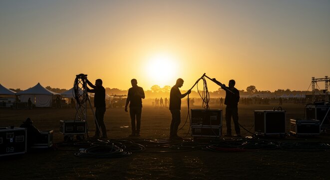 Silhouetted crew of men working diligently at sunrise to set up trusses and cables for a large outdoor festival event in a field with tents and a distant crowd.