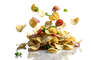 A heap of colorful chips with green herbs and falling chips on a black background with reflection