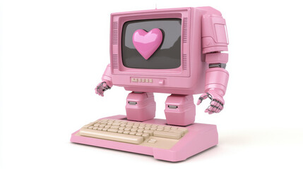 A charming pink robot styled as a vintage computer, featuring a heart on its screen, combining tech with cuteness.