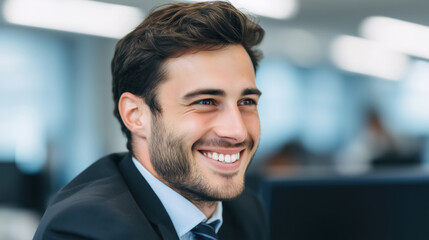 Smiling businessman at office desk corporate environment professional
