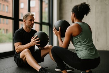 Obraz premium Focused fitness partners with medicine balls.
