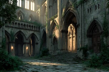 Ruined gothic cathedral overgrown by nature