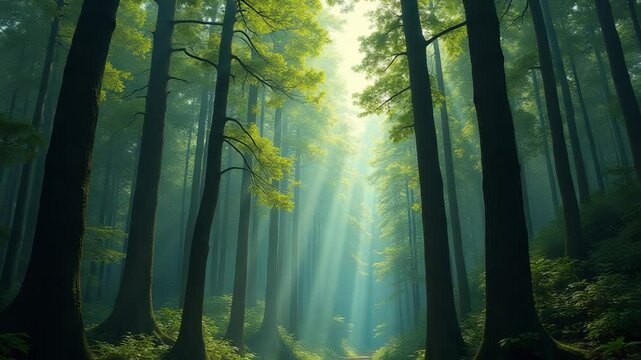 A lush and vibrant forest with towering trees reaching towards the sky