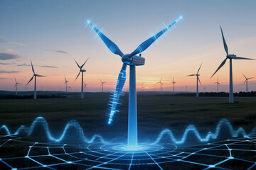 Wind turbine generating clean energy illustrated with digital data visualization and sunset