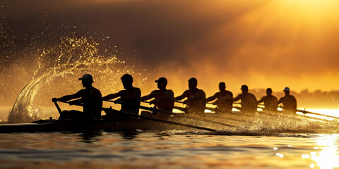 Rowing team silhouette at sunset rowing boat water sport team sport
