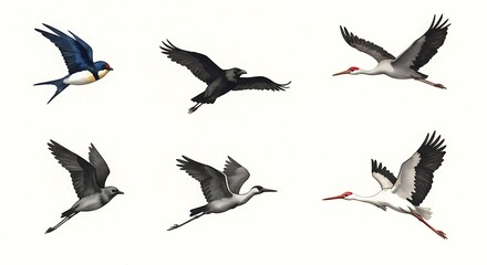 Obraz premium Birds Flying Illustration Different Bird Species in Flight