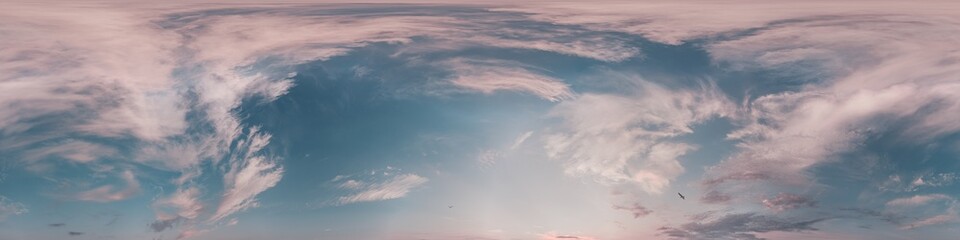 Sunset sky with bright glowing pink Cumulus clouds. Seamless spherical HDR 360 panorama. Full zenith or sky dome in 3D, sky replacement for aerial drone panoramas. Climate and weather change.