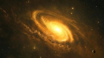 Obraz premium Stunning Golden Galaxy with Swirling Stars and Celestial Bodies in Vast Space